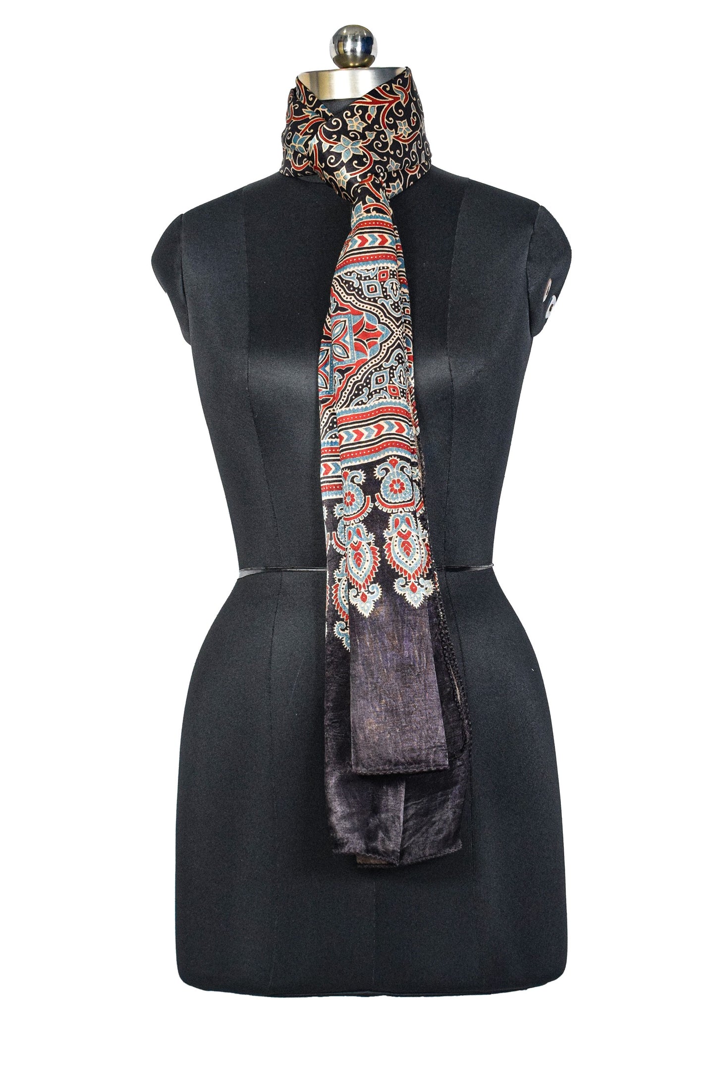 Ajrakh Mashru Silk Natural Dye Three Colour Print ( 3 Kam ) Screen Print Hand Printed Stole  - 2.1 Mtr Length    -  SKU : JH02C01F