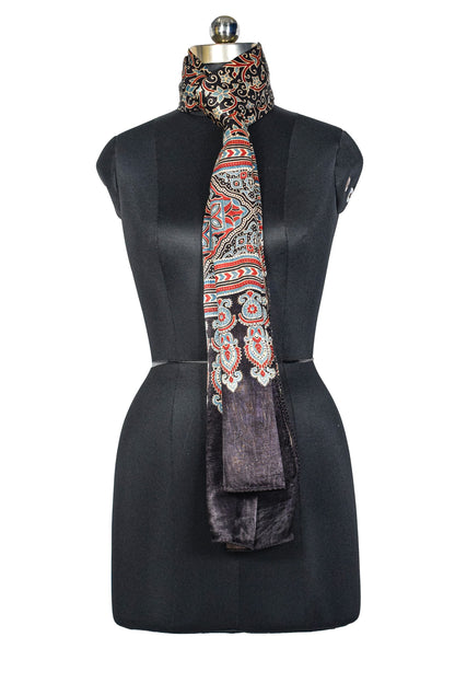 Ajrakh Mashru Silk Natural Dye Three Colour Print ( 3 Kam ) Screen Print Hand Printed Stole  - 2.1 Mtr Length    -  SKU : JH02C01F