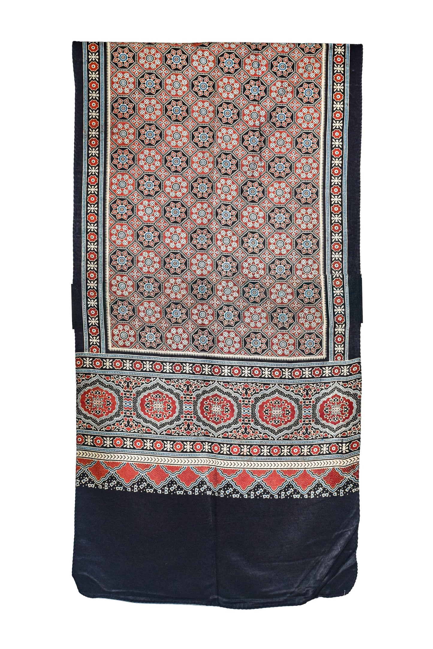 Ajrakh Mashru Silk Natural Dye Three Colour Print ( 3 Kam ) Screen Print Hand Printed Stole  - 2.1 Mtr Length    -  SKU : JH02C01P