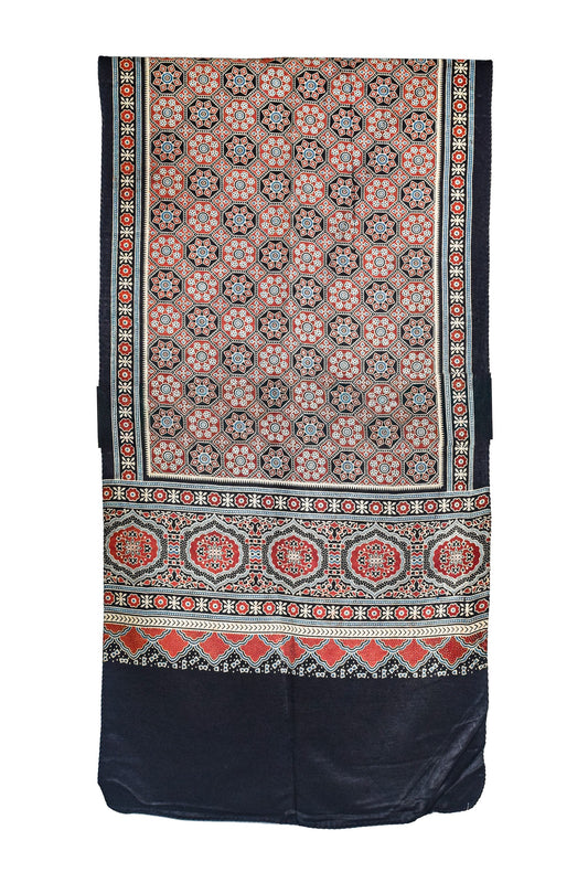 Ajrakh Mashru Silk Natural Dye Three Colour Print ( 3 Kam ) Screen Print Hand Printed Stole  - 2.1 Mtr Length    -  SKU : JH02C01P