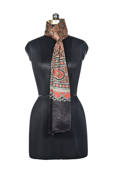 Ajrakh Mashru Silk Natural Dye Three Colour Print ( 3 Kam ) Screen Print Hand Printed Stole  - 2.1 Mtr Length    -  SKU : JH02C01P