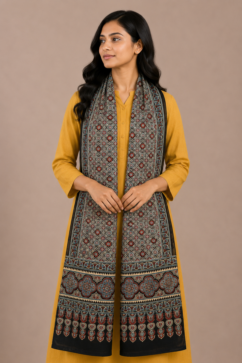 Ajrakh Mashru Silk Natural Dye Three Colour Print ( 3 Kam ) Screen Print Hand Printed Stole  - 2.1 Mtr Length    -  SKU : JH02C01U