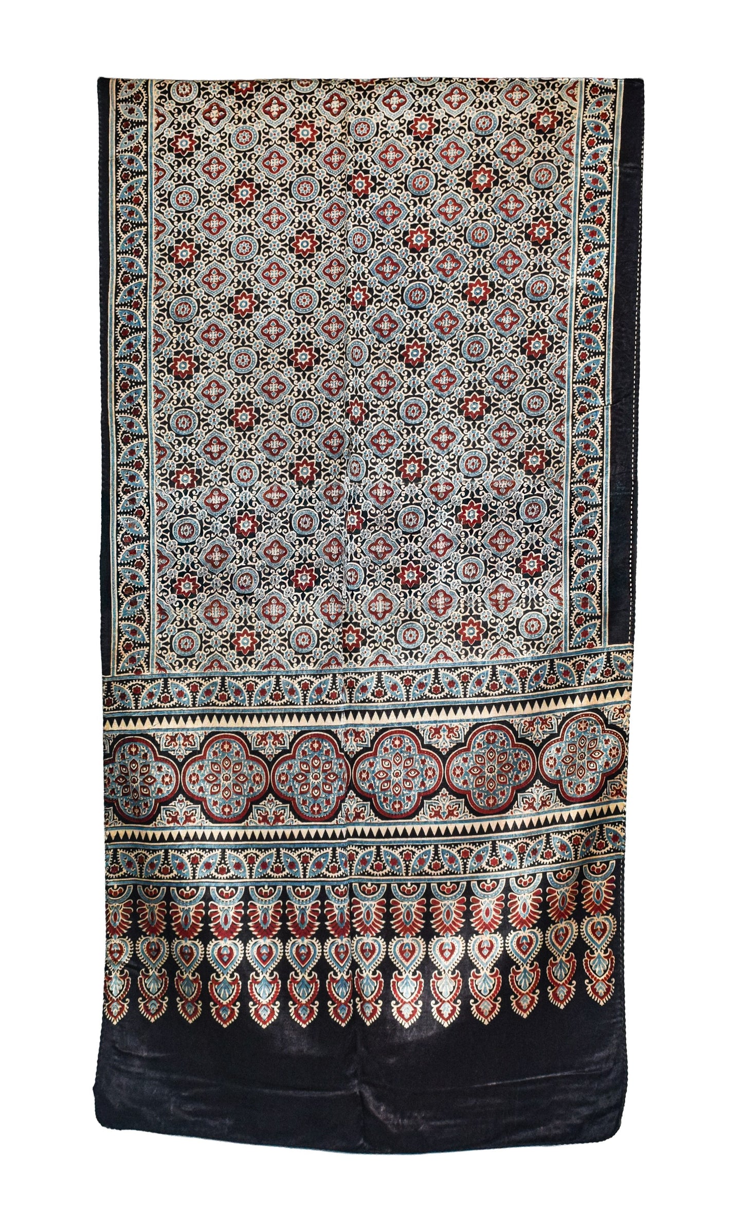 Ajrakh Mashru Silk Natural Dye Three Colour Print ( 3 Kam ) Screen Print Hand Printed Stole  - 2.1 Mtr Length    -  SKU : JH02C01U