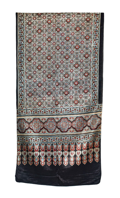 Ajrakh Mashru Silk Natural Dye Three Colour Print ( 3 Kam ) Screen Print Hand Printed Stole  - 2.1 Mtr Length    -  SKU : JH02C01U