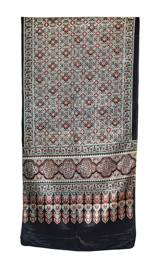 Ajrakh Mashru Silk Natural Dye Three Colour Print ( 3 Kam ) Screen Print Hand Printed Stole  - 2.1 Mtr Length    -  SKU : JH02C01U