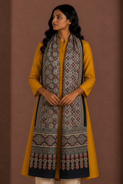 Ajrakh Mashru Silk Natural Dye Three Colour Print ( 3 Kam ) Screen Print Hand Printed Stole  - 2.1 Mtr Length    -  SKU : JH02C01U