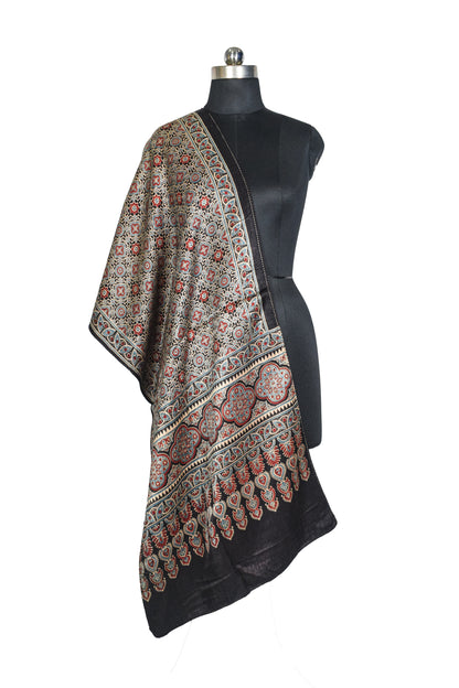 Ajrakh Mashru Silk Natural Dye Three Colour Print ( 3 Kam ) Screen Print Hand Printed Stole  - 2.1 Mtr Length    -  SKU : JH02C01U