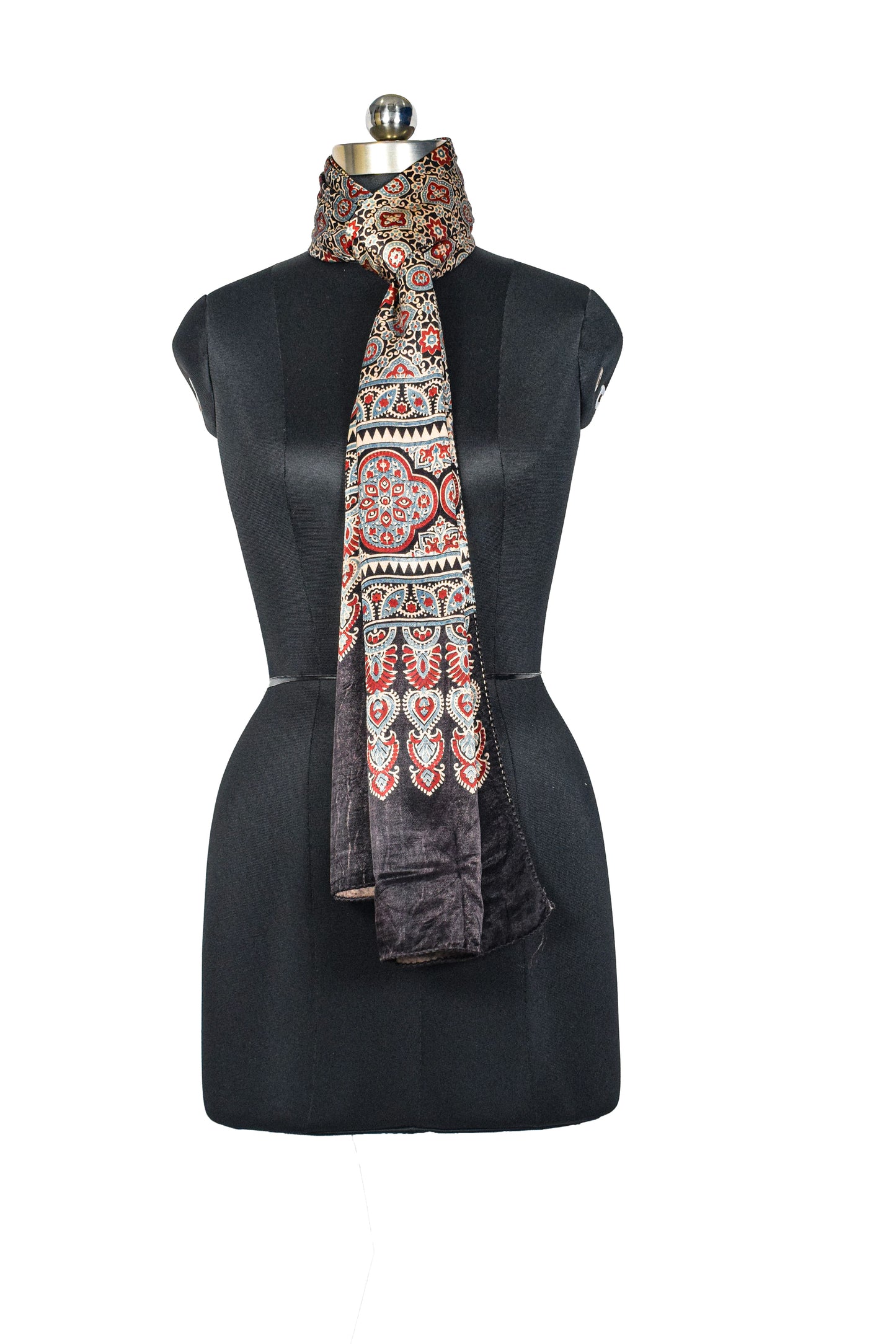 Ajrakh Mashru Silk Natural Dye Three Colour Print ( 3 Kam ) Screen Print Hand Printed Stole  - 2.1 Mtr Length    -  SKU : JH02C01U