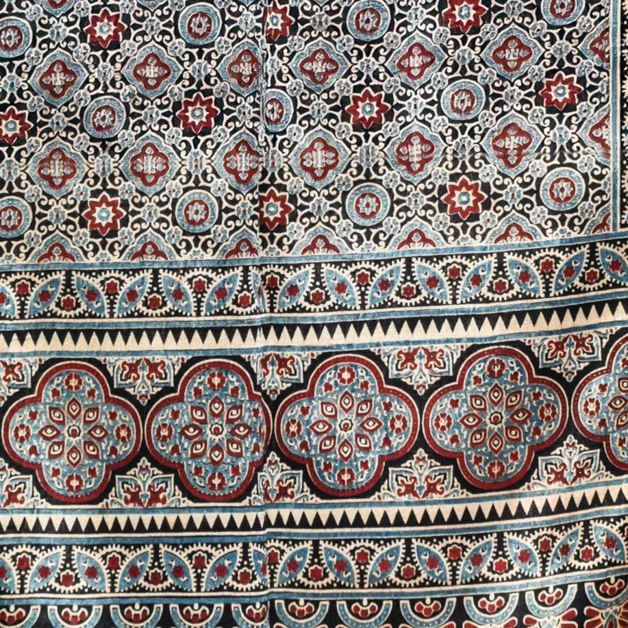 Ajrakh Mashru Silk Natural Dye Three Colour Print ( 3 Kam ) Screen Print Hand Printed Stole  - 2.1 Mtr Length    -  SKU : JH02C01U