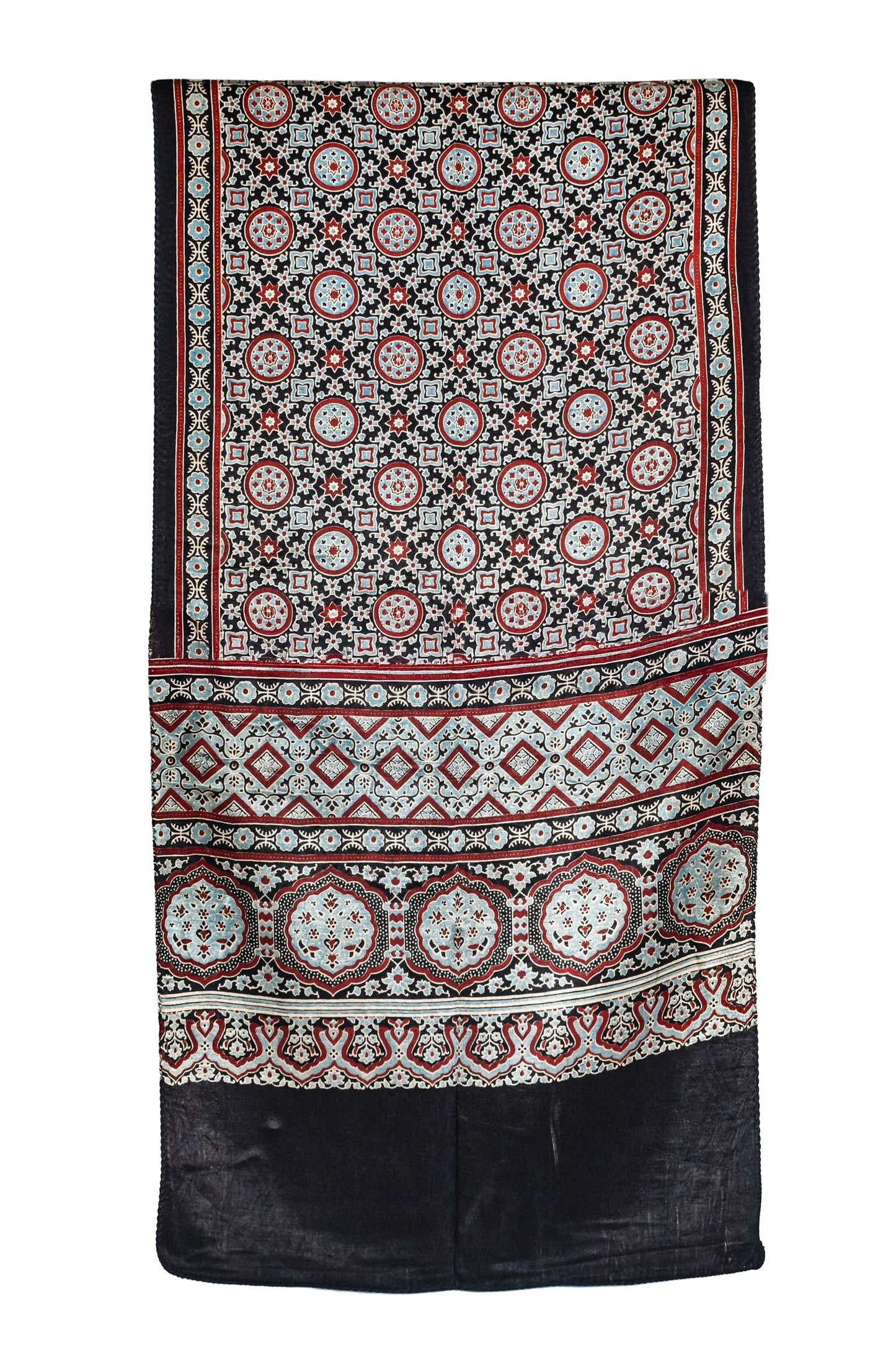 Ajrakh Mashru Silk Natural Dye Three Colour Print ( 3 Kam ) Screen Print Hand Printed Stole  - 2.1 Mtr Length    -  SKU : JH02C01Z