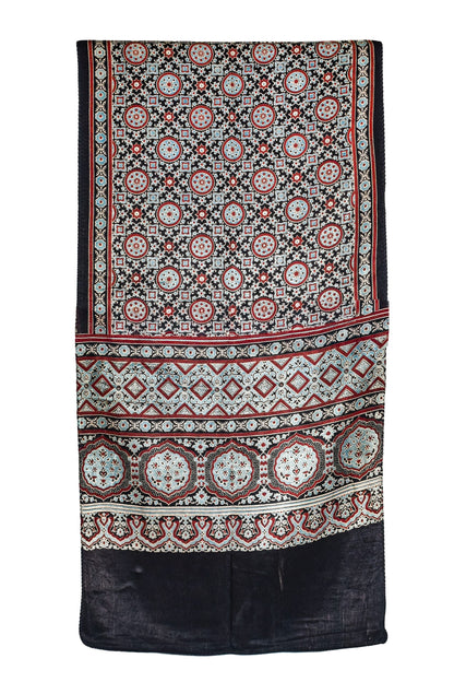 Ajrakh Mashru Silk Natural Dye Three Colour Print ( 3 Kam ) Screen Print Hand Printed Stole  - 2.1 Mtr Length    -  SKU : JH02C01Z