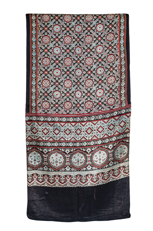 Ajrakh Mashru Silk Natural Dye Three Colour Print ( 3 Kam ) Screen Print Hand Printed Stole  - 2.1 Mtr Length    -  SKU : JH02C01Z