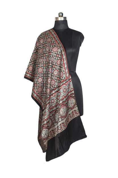 Ajrakh Mashru Silk Natural Dye Three Colour Print ( 3 Kam ) Screen Print Hand Printed Stole  - 2.1 Mtr Length    -  SKU : JH02C01Z