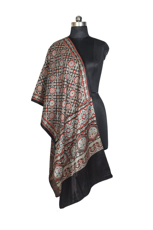 Ajrakh Mashru Silk Natural Dye Three Colour Print ( 3 Kam ) Screen Print Hand Printed Stole  - 2.1 Mtr Length    -  SKU : JH02C01Z