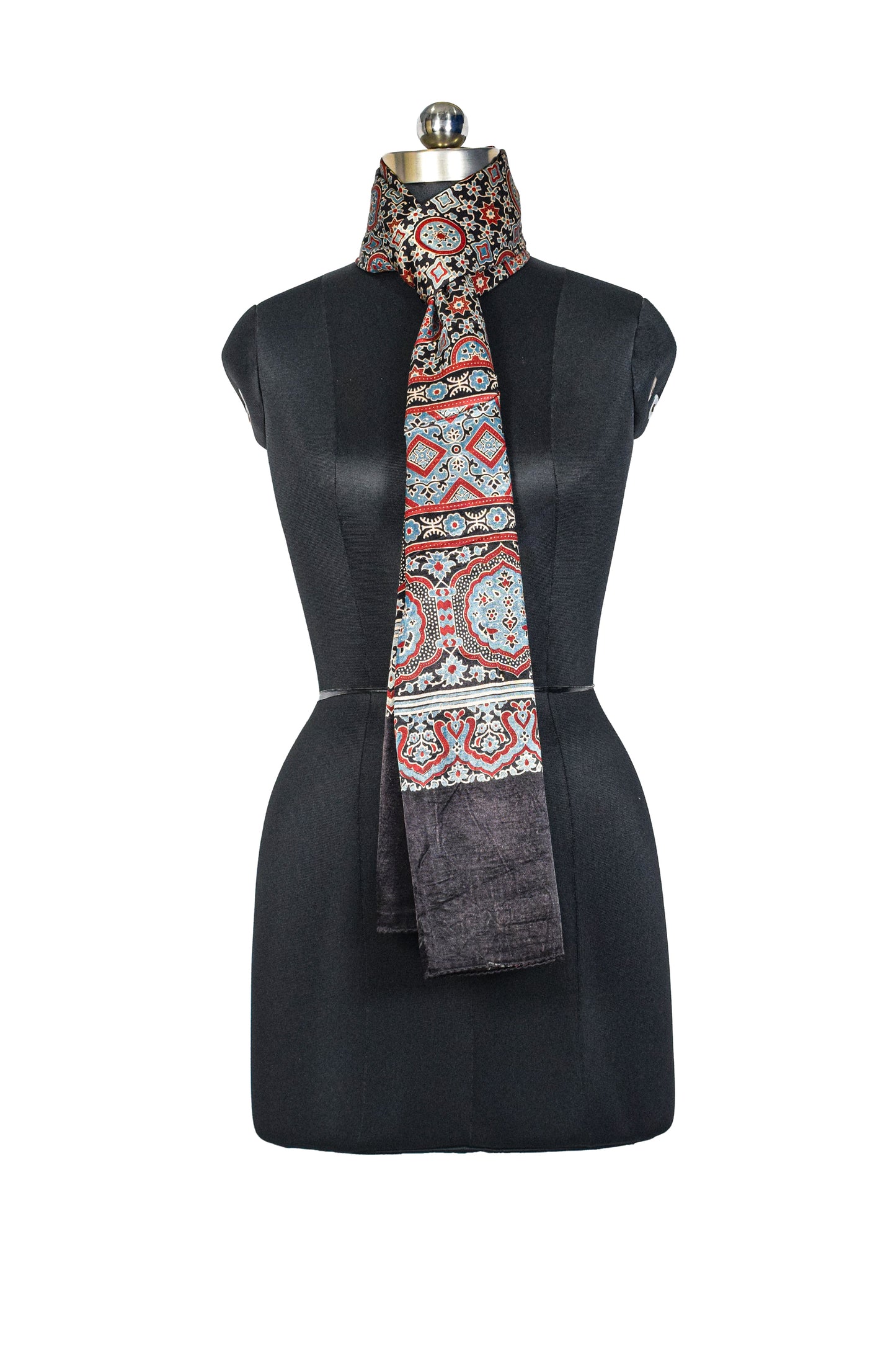 Ajrakh Mashru Silk Natural Dye Three Colour Print ( 3 Kam ) Screen Print Hand Printed Stole  - 2.1 Mtr Length    -  SKU : JH02C01Z