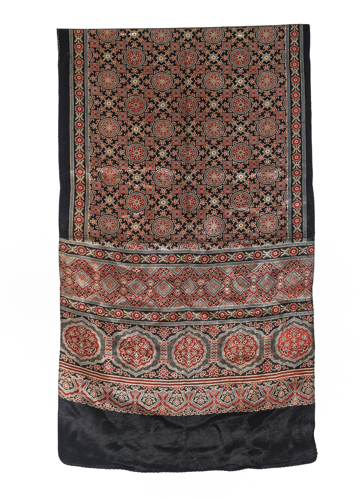 Ajrakh Mashru Silk Natural Dye Three Colour Print | 3 Kam | Screen Print Hand Printed Stole  - 2.1 Mtr Length   -  SKU : JH09A01B