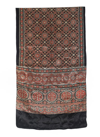 Ajrakh Mashru Silk Natural Dye Three Colour Print | 3 Kam | Screen Print Hand Printed Stole  - 2.1 Mtr Length   -  SKU : JH09A01B