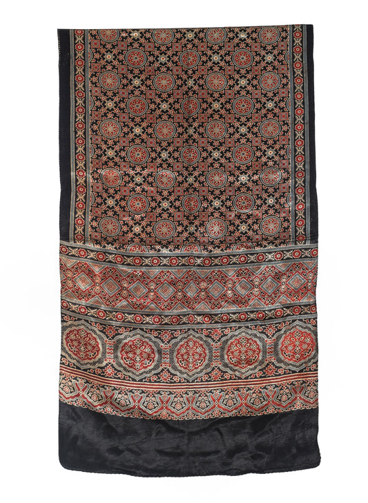 Ajrakh Mashru Silk Natural Dye Three Colour Print | 3 Kam | Screen Print Hand Printed Stole  - 2.1 Mtr Length   -  SKU : JH09A01B