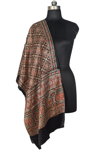 Ajrakh Mashru Silk Natural Dye Three Colour Print | 3 Kam | Screen Print Hand Printed Stole  - 2.1 Mtr Length   -  SKU : JH09A01B