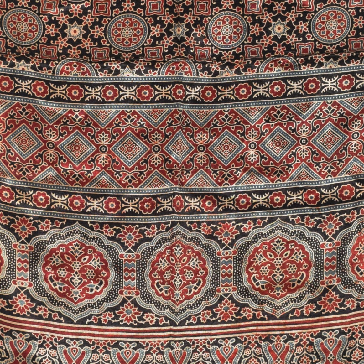 Ajrakh Mashru Silk Natural Dye Three Colour Print | 3 Kam | Screen Print Hand Printed Stole  - 2.1 Mtr Length   -  SKU : JH09A01B