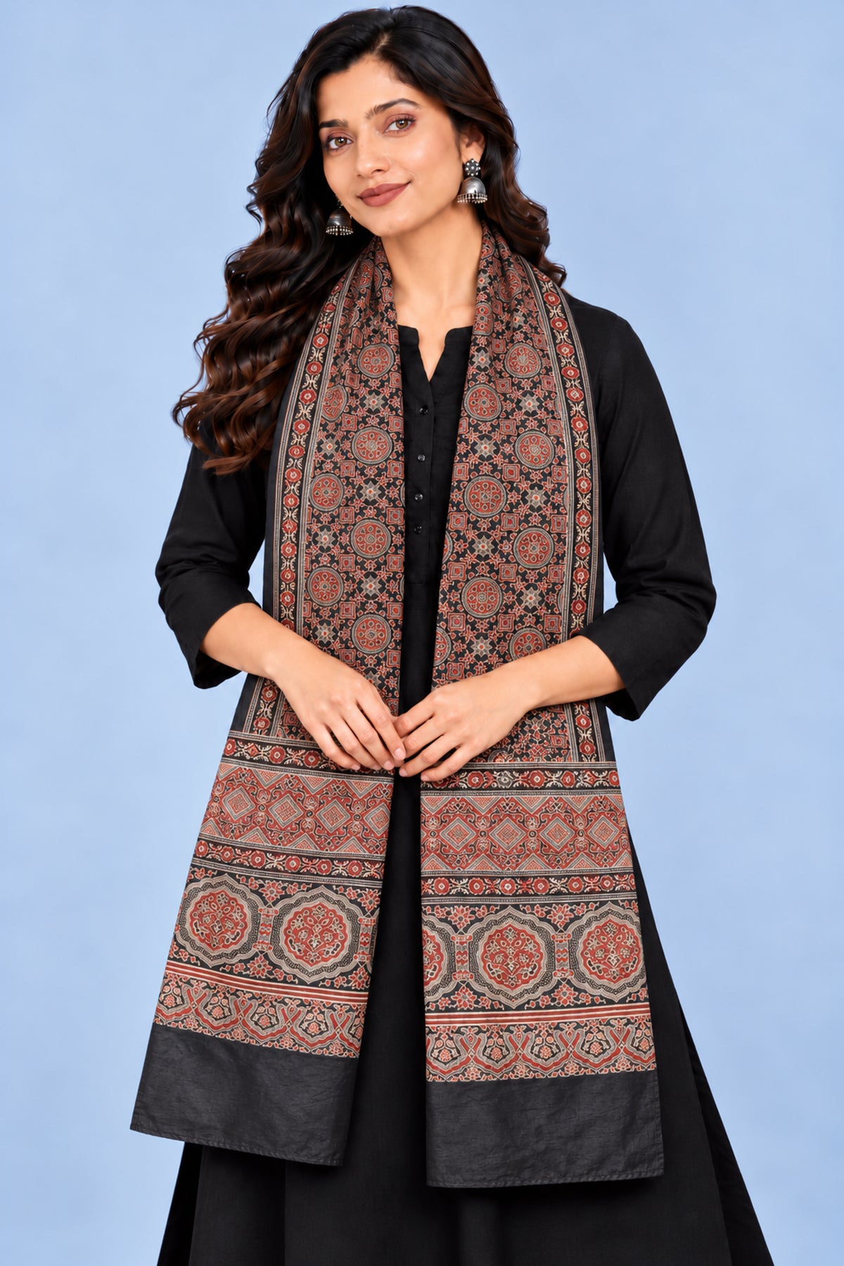 Ajrakh Mashru Silk Natural Dye Three Colour Print | 3 Kam | Screen Print Hand Printed Stole  - 2.1 Mtr Length   -  SKU : JH09A01B