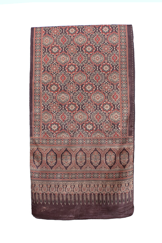 Ajrakh Mashru Silk Natural Dye Screen Print Hand Printed Stole  - 2.1 Mtr Length    -  SKU : ID10A02C