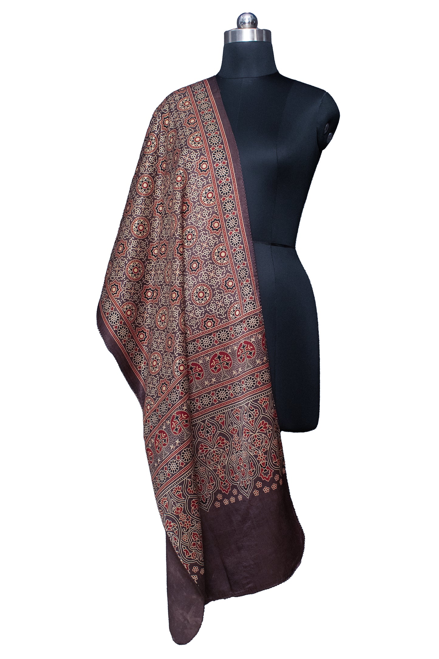 Ajrakh Mashru Silk Natural Dye Screen Print Hand Printed Stole  - 2.1 Mtr Length    -  SKU : ID10A02G