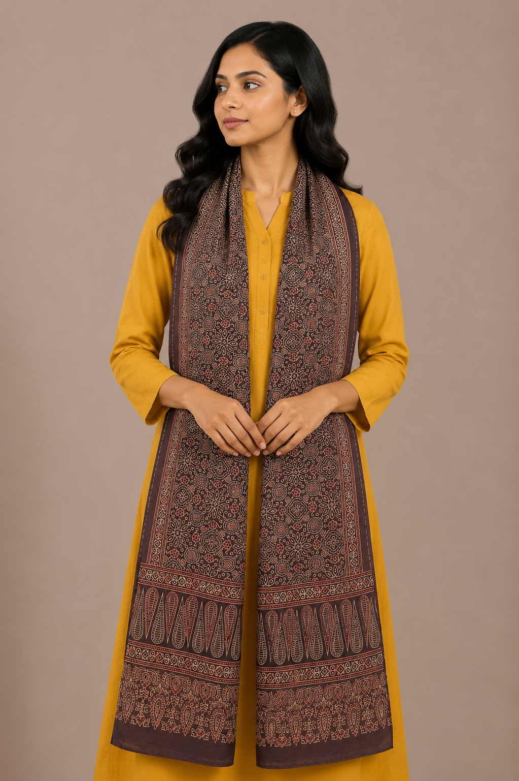 Ajrakh Mashru Silk Natural Dye Screen Print Hand Printed Stole  - 2.1 Mtr Length    -  SKU : ID10A02K