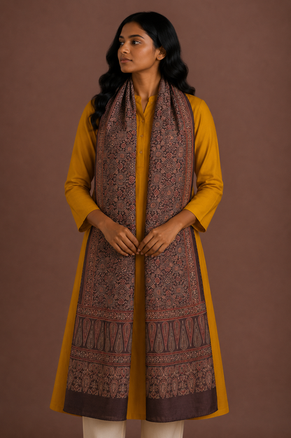 Ajrakh Mashru Silk Natural Dye Screen Print Hand Printed Stole  - 2.1 Mtr Length    -  SKU : ID10A02K