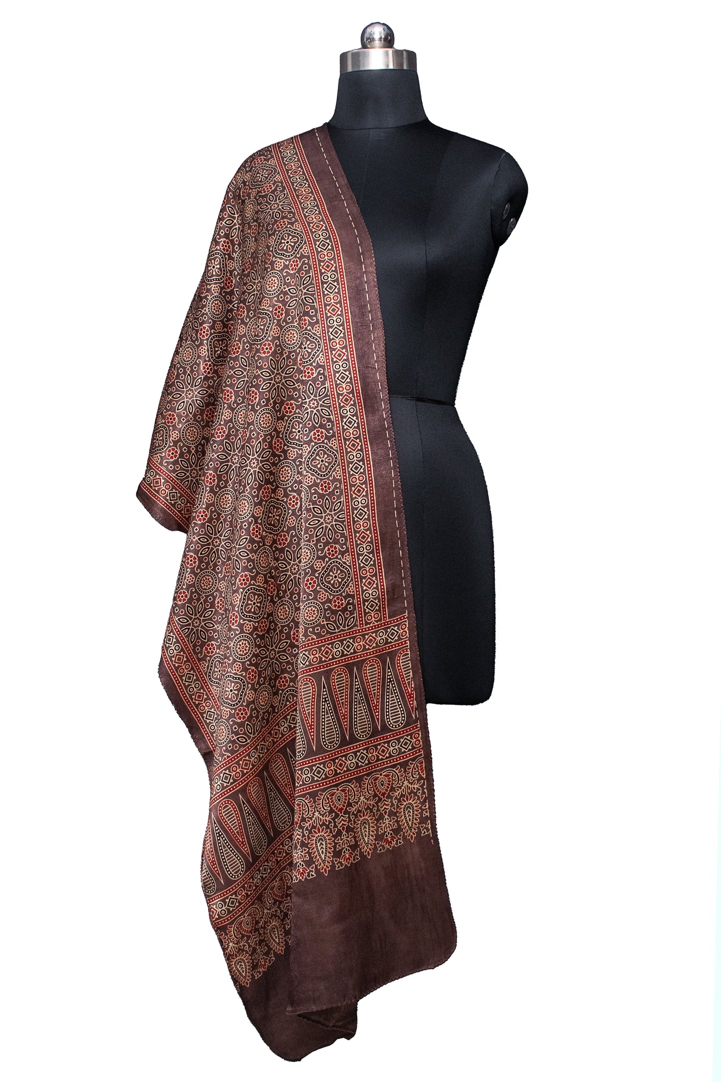 Ajrakh Mashru Silk Natural Dye Screen Print Hand Printed Stole  - 2.1 Mtr Length    -  SKU : ID10A02K