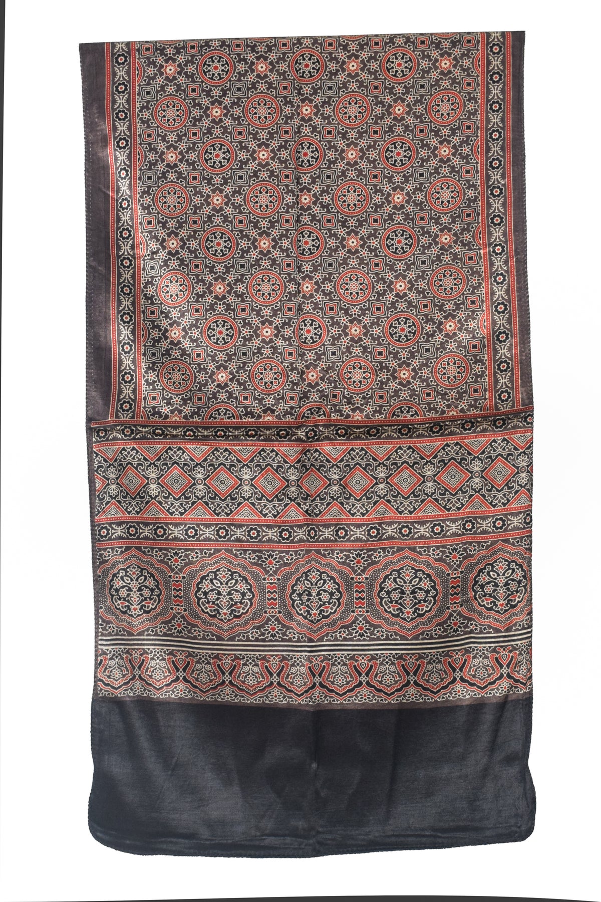 Ajrakh Mashru Silk Natural Dye Three Colour Print | 3 Kam | Screen Print Hand Printed Stole  - 2.1 Mtr Length   -  SKU : JH09A01C