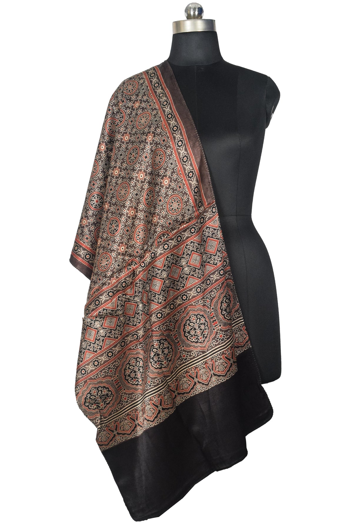 Ajrakh Mashru Silk Natural Dye Three Colour Print | 3 Kam | Screen Print Hand Printed Stole  - 2.1 Mtr Length   -  SKU : JH09A01C