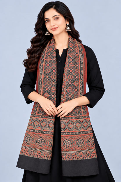 Ajrakh Mashru Silk Natural Dye Three Colour Print | 3 Kam | Screen Print Hand Printed Stole  - 2.1 Mtr Length   -  SKU : JH09A01C