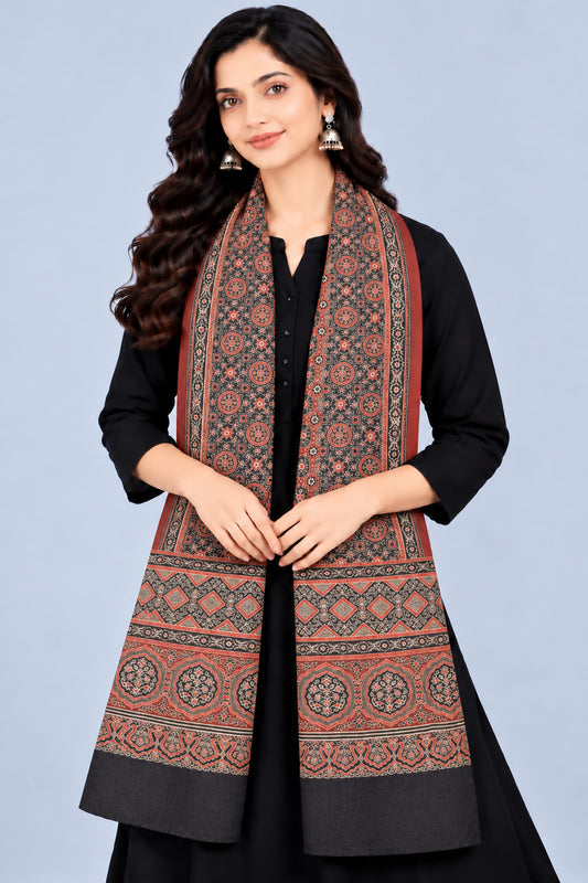 Ajrakh Mashru Silk Natural Dye Three Colour Print | 3 Kam | Screen Print Hand Printed Stole  - 2.1 Mtr Length   -  SKU : JH09A01C