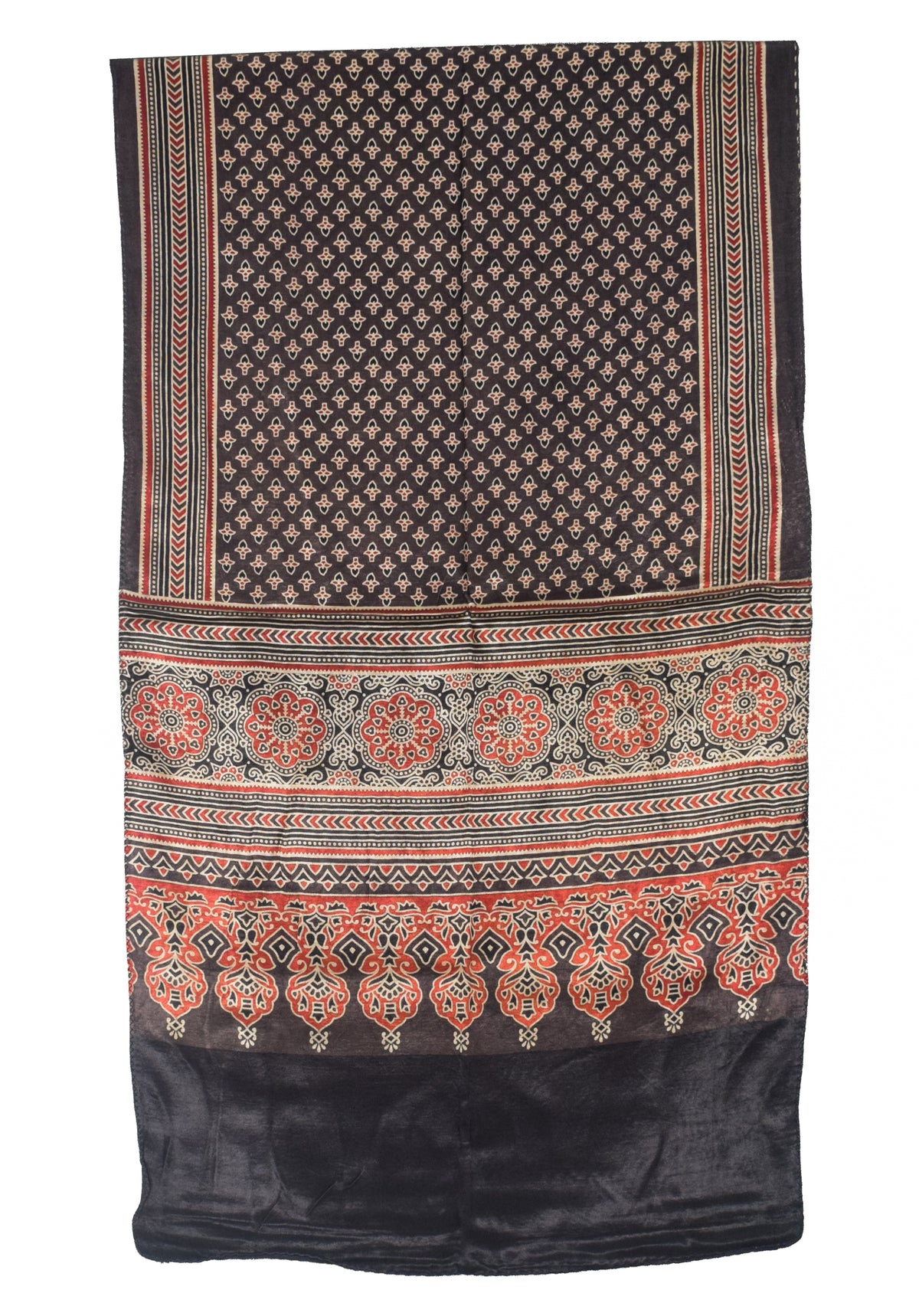 Ajrakh Mashru Silk Natural Dye Three Colour Print | 3 Kam | Screen Print Hand Printed Stole  - 2.1 Mtr Length   -  SKU : JH09A01F