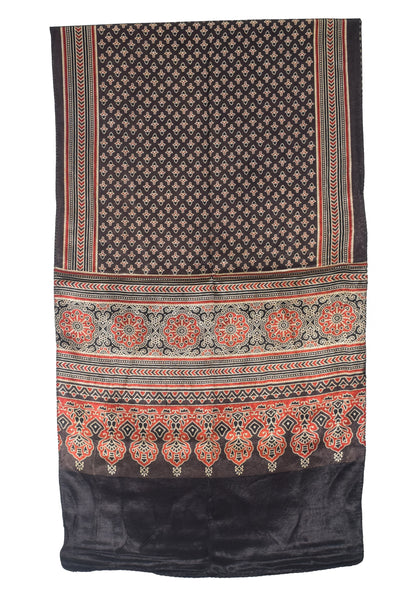 Ajrakh Mashru Silk Natural Dye Three Colour Print | 3 Kam | Screen Print Hand Printed Stole  - 2.1 Mtr Length   -  SKU : JH09A01F