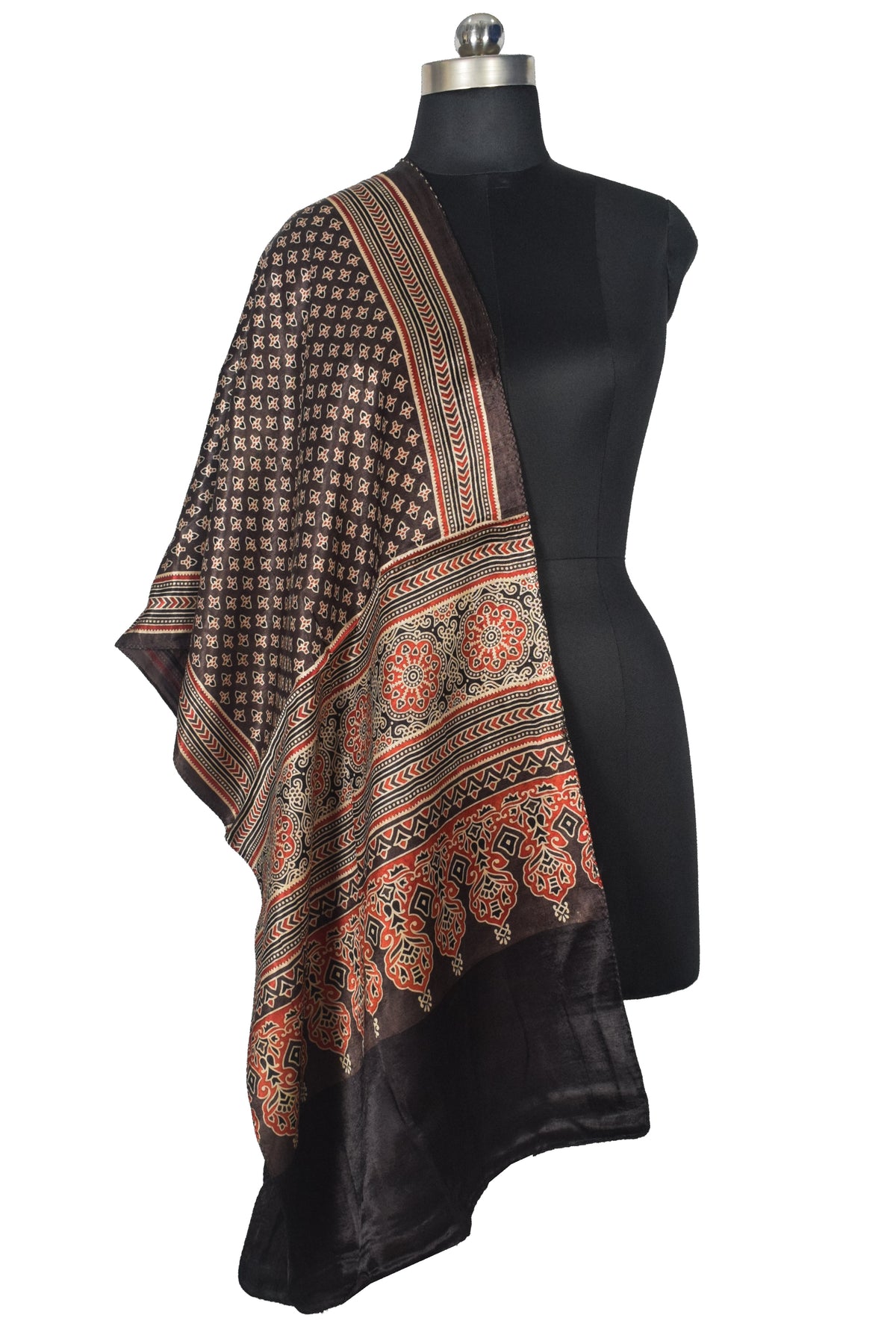 Ajrakh Mashru Silk Natural Dye Three Colour Print | 3 Kam | Screen Print Hand Printed Stole  - 2.1 Mtr Length   -  SKU : JH09A01F