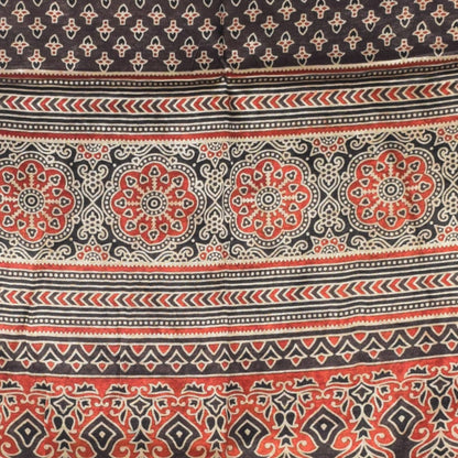 Ajrakh Mashru Silk Natural Dye Three Colour Print | 3 Kam | Screen Print Hand Printed Stole  - 2.1 Mtr Length   -  SKU : JH09A01F