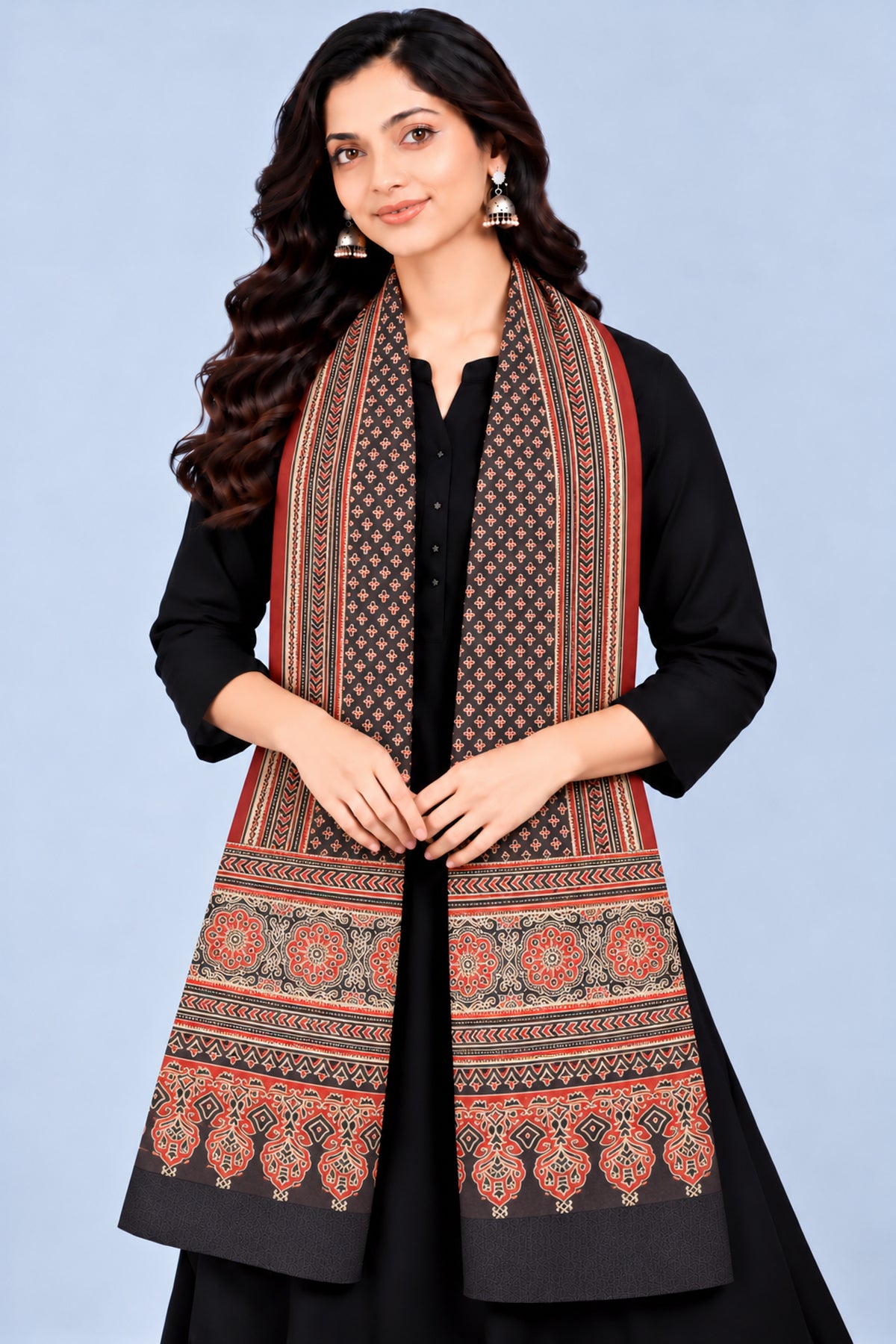 Ajrakh Mashru Silk Natural Dye Three Colour Print | 3 Kam | Screen Print Hand Printed Stole  - 2.1 Mtr Length   -  SKU : JH09A01F