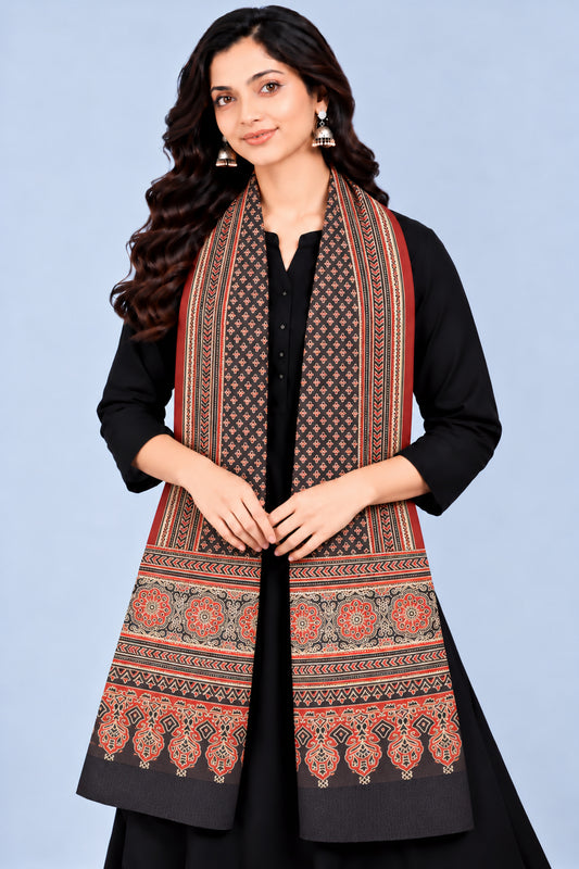 Ajrakh Mashru Silk Natural Dye Three Colour Print | 3 Kam | Screen Print Hand Printed Stole  - 2.1 Mtr Length   -  SKU : JH09A01F
