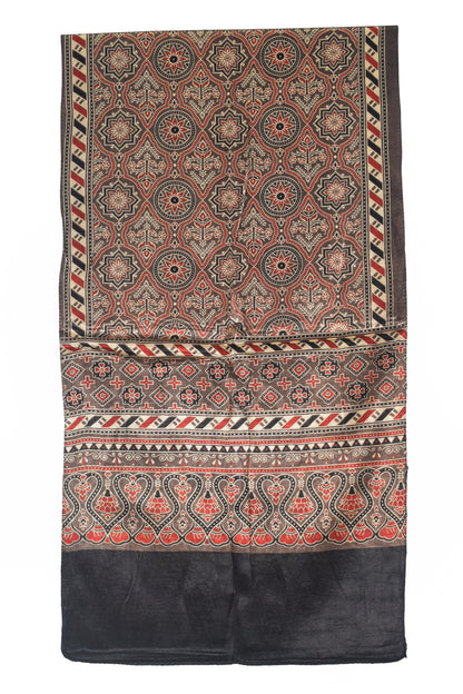 Ajrakh Mashru Silk Natural Dye Three Colour Print | 3 Kam | Screen Print Hand Printed Stole  - 2.1 Mtr Length   -  SKU : JH09A01K