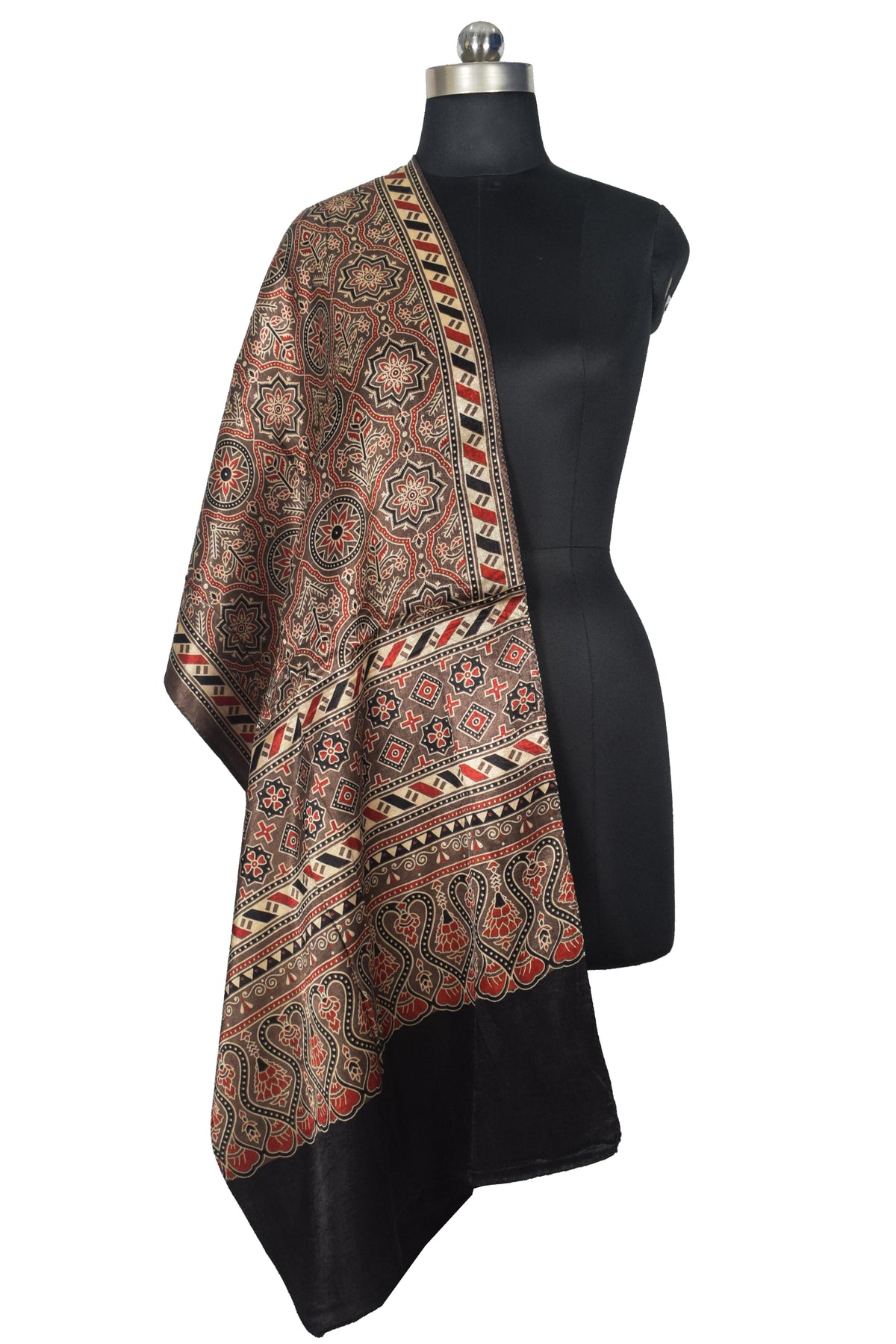 Ajrakh Mashru Silk Natural Dye Three Colour Print | 3 Kam | Screen Print Hand Printed Stole  - 2.1 Mtr Length   -  SKU : JH09A01K