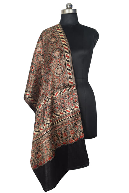 Ajrakh Mashru Silk Natural Dye Three Colour Print | 3 Kam | Screen Print Hand Printed Stole  - 2.1 Mtr Length   -  SKU : JH09A01K