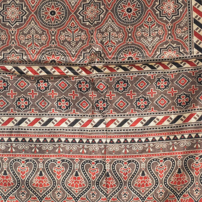 Ajrakh Mashru Silk Natural Dye Three Colour Print | 3 Kam | Screen Print Hand Printed Stole  - 2.1 Mtr Length   -  SKU : JH09A01K