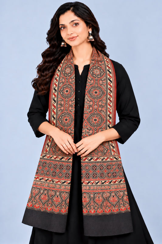 Ajrakh Mashru Silk Natural Dye Three Colour Print | 3 Kam | Screen Print Hand Printed Stole  - 2.1 Mtr Length   -  SKU : JH09A01K