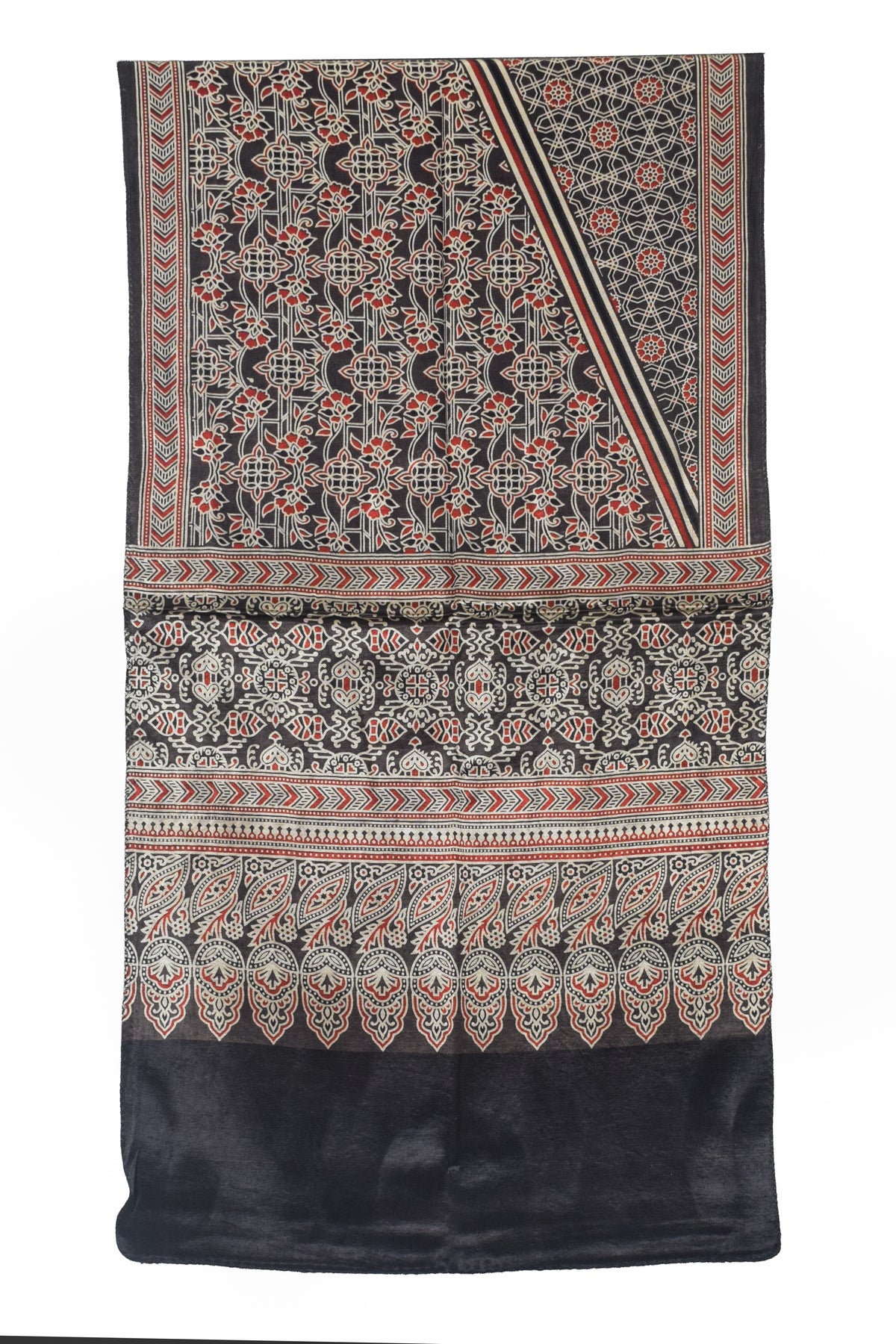 Ajrakh Mashru Silk Natural Dye Three Colour Print | 3 Kam | Screen Print Hand Printed Stole  - 2.1 Mtr Length   -  SKU : JH09A01P