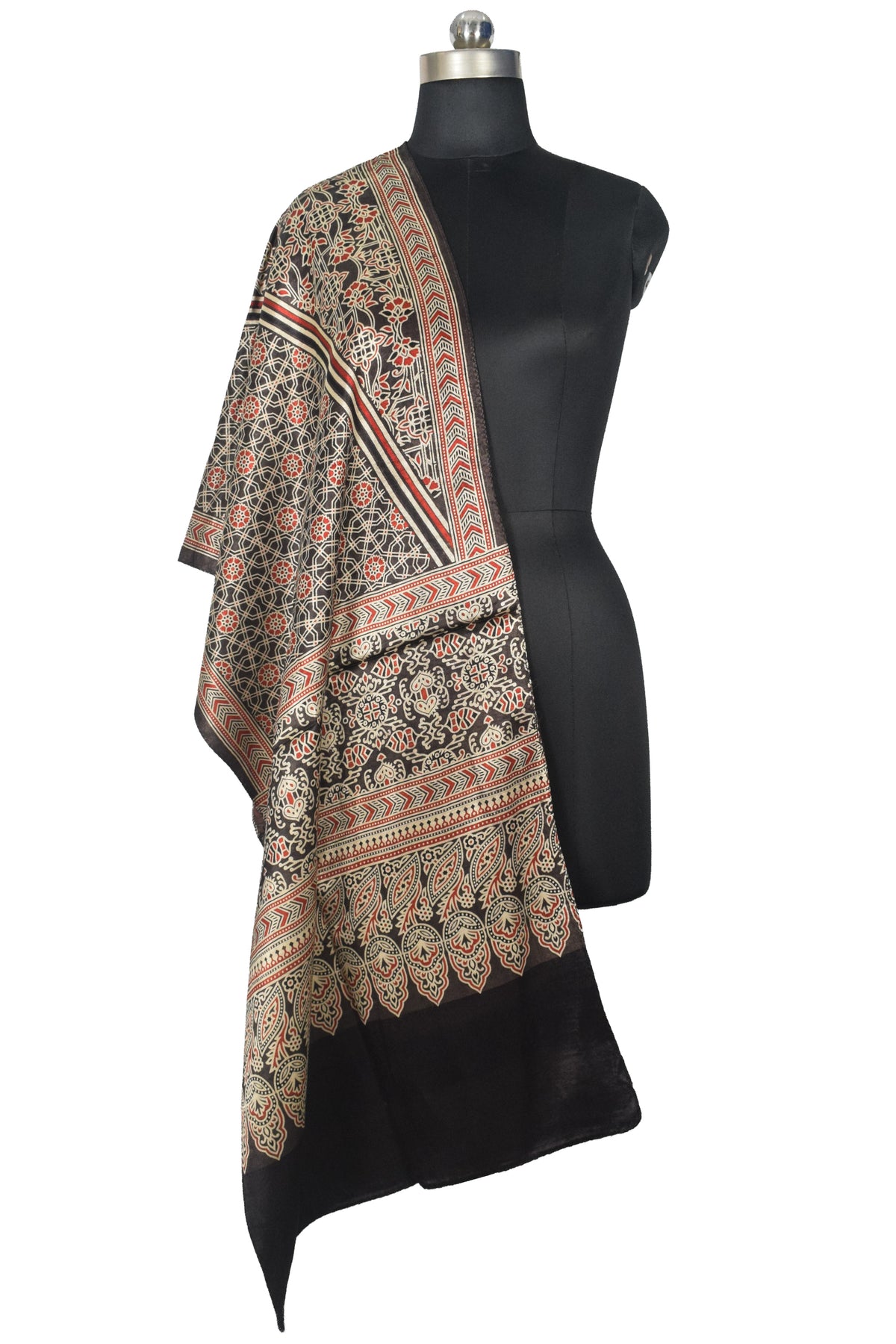 Ajrakh Mashru Silk Natural Dye Three Colour Print | 3 Kam | Screen Print Hand Printed Stole  - 2.1 Mtr Length   -  SKU : JH09A01P