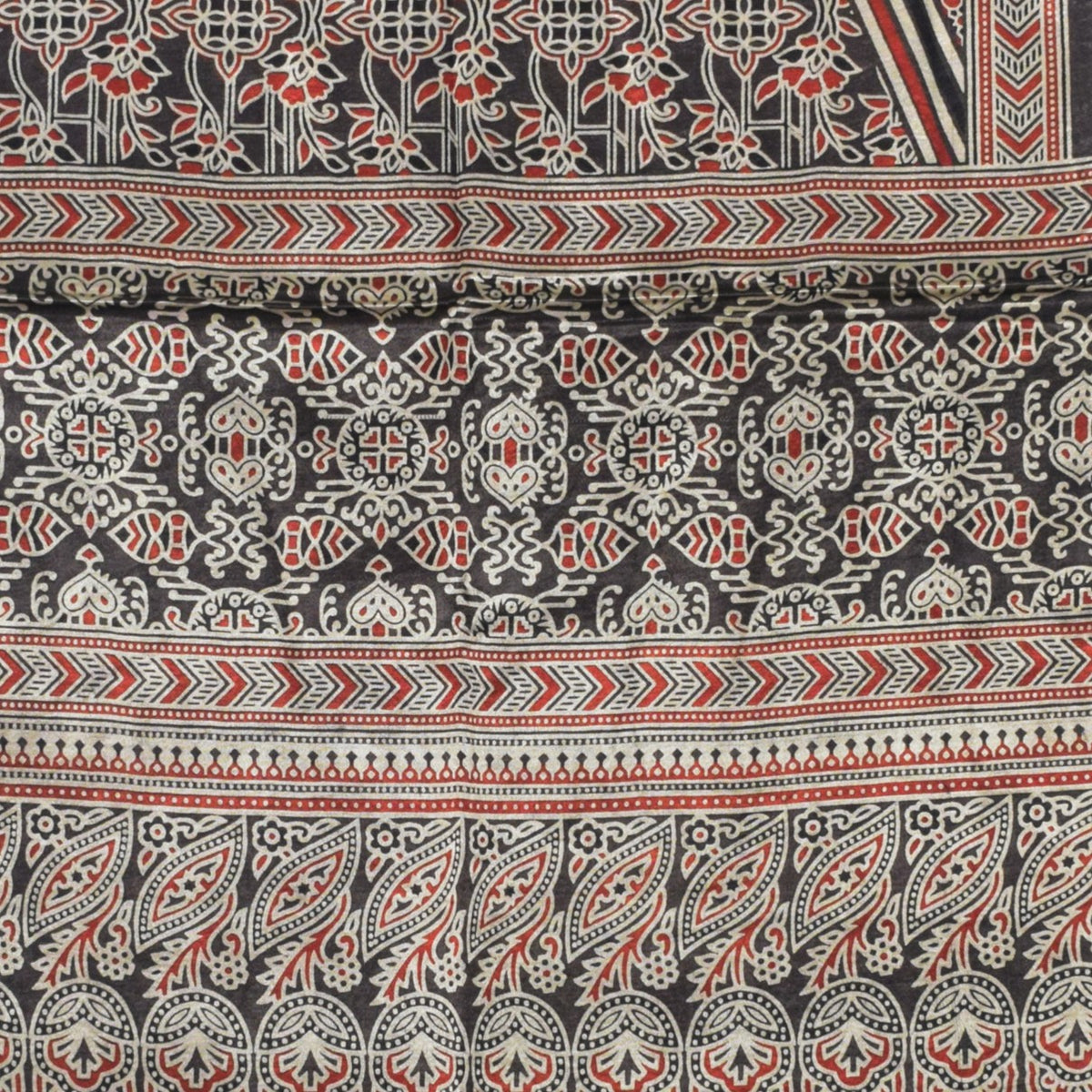 Ajrakh Mashru Silk Natural Dye Three Colour Print | 3 Kam | Screen Print Hand Printed Stole  - 2.1 Mtr Length   -  SKU : JH09A01P