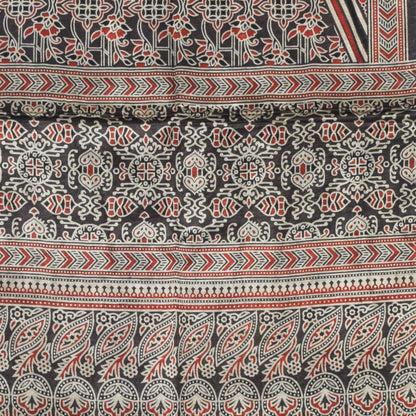Ajrakh Mashru Silk Natural Dye Three Colour Print | 3 Kam | Screen Print Hand Printed Stole  - 2.1 Mtr Length   -  SKU : JH09A01P