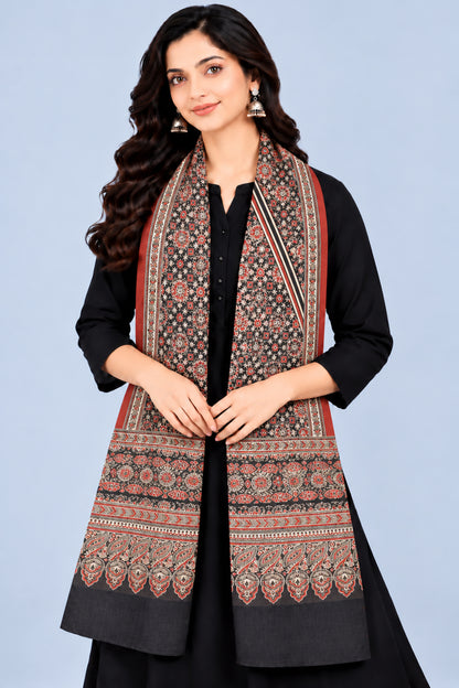 Ajrakh Mashru Silk Natural Dye Three Colour Print | 3 Kam | Screen Print Hand Printed Stole  - 2.1 Mtr Length   -  SKU : JH09A01P